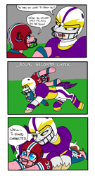 Size: 4200x7800 | Tagged: safe, artist:pony quarantine, oc, oc only, oc:bella blitz, oc:first down, 3 panel comic, clothes, football field, football helmet, helmet, simple background, smug, speech bubble, tackle, text, uniform