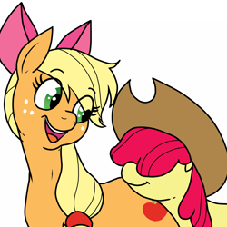 Size: 1500x1500 | Tagged: safe, artist:pony quarantine, apple bloom, applejack, earth pony, pony, /mlp/, 4chan, accessory swap, adorabloom, apple bloom's bow, applejack's hat, bow, cowboy hat, cute, drawthread, eye clipping through hair, female, filly, hair bow, hair over eyes, hat, jackabetes, mare, simple background, white background