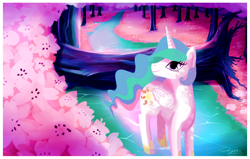 Size: 1202x766 | Tagged: safe, artist:pepooni, princess celestia, alicorn, pony, cherry blossoms, flower, forest, glow, solo, water