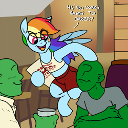 Size: 1500x1500 | Tagged: safe, artist:pony quarantine, rainbow dash, oc, oc:anon, human, pegasus, pony, /mlp/, 4chan, chair, clothes, dialogue, drawthread, eye clipping through hair, female, male, mare, menu, outback steakhouse, restaurant, shorts, sports bra, table, text, tomboy, tomboy outback, waiter