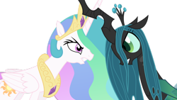 Size: 900x507 | Tagged: safe, artist:shadyhorseman, princess celestia, queen chrysalis, alicorn, changeling, changeling queen, pony, duo, fight, simple background, transparent background, vector