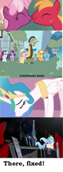 Size: 487x1326 | Tagged: safe, big macintosh, cheerilee, discord, fluttershy, princess celestia, alicorn, earth pony, pegasus, pony, cheerimac, crossover shipping, discoshy, hub logo, male, optilestia, optimus prime, shipping, stallion, straight, transformers, transformers prime