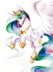Size: 824x1125 | Tagged: safe, artist:jiayi, princess celestia, alicorn, pony, female, flying, horn, mare, multicolored mane, solo, white coat