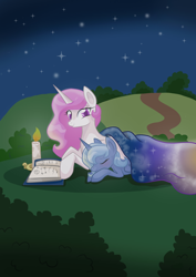 Size: 1240x1754 | Tagged: safe, artist:derpsonhooves, princess celestia, princess luna, alicorn, pony, book, candle, night, pink-mane celestia, sleeping bag, younger