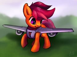 Size: 1000x742 | Tagged: safe, artist:xbi, scootaloo, original species, plane pony, pony, clothes, costume, cute, cutealoo, plane, planeified, scootaloo can fly, scootaplane, smiling, solo