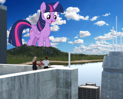 Size: 2600x2080 | Tagged: safe, artist:andoanimalia, artist:theotterpony, twilight sparkle, twilight sparkle (alicorn), alicorn, human, pony, 3d, 3d model, city, giant pony, high res, highrise ponies, macro, ocean, open mouth, people, sand