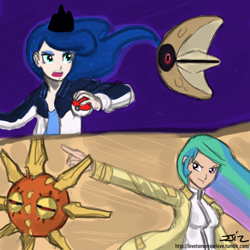 Size: 850x850 | Tagged: safe, artist:johnjoseco, princess celestia, princess luna, human, colored, crossover, humanized, lunatone, pokémon, solrock