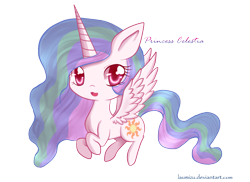 Size: 1647x1201 | Tagged: safe, artist:laumizu, princess celestia, alicorn, pony, chibi, female, horn, mare, multicolored mane, solo, white coat