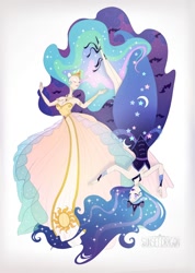 Size: 770x1080 | Tagged: safe, artist:flying-fox, princess celestia, princess luna, cleavage, clothes, dress, duality, eyes closed, female, humanized, upside down