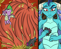 Size: 1000x800 | Tagged: safe, artist:noblebrony317, princess ember, spike, dragon, eaten alive, empred, female, food, gem, internal, male, micro, sandwich, spikeprey, stomach, stomach acid, vore, winged spike