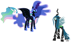 Size: 10500x6220 | Tagged: safe, artist:90sigma, nightmare moon, princess celestia, princess luna, queen chrysalis, alicorn, changeling, changeling queen, pony, a canterlot wedding, absurd resolution, alternate scenario, now you fucked up, protecting, protective little sister, simple background, this will end in pain, transparent background, vector, you dun goofed