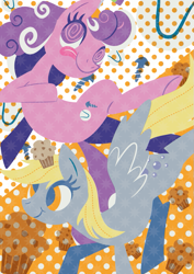 Size: 595x842 | Tagged: safe, artist:yousukou, derpy hooves, screwball, earth pony, pegasus, pony, duo, duo female, female, mare, muffin