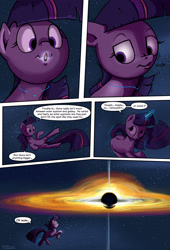 Size: 1920x2816 | Tagged: safe, artist:shieltar, part of a series, part of a set, twilight sparkle, unicorn twilight, pony, unicorn, comic:giant twilight, accretion disk, black hole, comic, cute, dialogue, female, giant pony, giantess, glowing horn, growth, gulp, horn, macro, magic, mare, nom, pony bigger than a planet, pony bigger than a solar system, pony bigger than a star, signature, size difference, solar system, solo, space, stars, teleportation, this will end in spaghettification, twiabetes