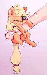 Size: 1080x1736 | Tagged: safe, artist:buttersprinkle, applejack, human, pony, appletini, colored sketch, cute, finger, hand, hang in there, hanging, jackabetes, micro, offscreen character, offscreen human, simple background, solo, tiny, tiny ponies, traditional art