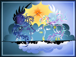 Size: 1333x1000 | Tagged: safe, artist:vopoha, princess celestia, princess luna, alicorn, pony, crown, female, horn, jewelry, mare, minimalist, regalia, siblings, sisters