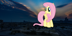 Size: 3840x1938 | Tagged: safe, artist:luckreza8, fluttershy, pegasus, pony, city, female, giant pony, giantess, highrise ponies, irl, macro, mare, night, photo, ponies in real life, scenery