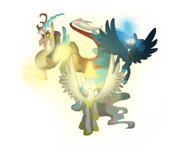 Size: 1229x1045 | Tagged: safe, artist:frankilew, discord, princess celestia, princess luna, alicorn, draconequus, pony, glowing eyes, spread wings, trio, wings