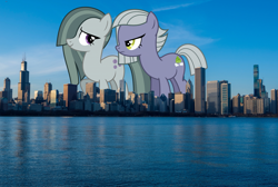 Size: 3840x2585 | Tagged: safe, artist:timelordomega, limestone pie, marble pie, earth pony, pony, building, chicago, city, duo, female, giant pony, giantess, highrise ponies, irl, macro, photo, ponies in real life, story included