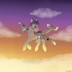 Size: 2000x2000 | Tagged: safe, artist:chickenbrony, oc, oc only, oc:dorn, original species, plane pony, pony, iron cross, luftwaffe, plane, smiling, solo, sunset, ych result