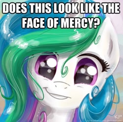 Size: 535x532 | Tagged: safe, artist:kp-shadowsquirrel, princess celestia, alicorn, pony, :t, caption, cute, cutelestia, face of mercy, grin, happy, image macro, looking at you, smiling, solo