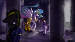 Size: 900x510 | Tagged: safe, artist:bunnimation, applejack, princess celestia, twilight sparkle, oc, alicorn, earth pony, pony, elements of harmony, ruins