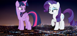 Size: 4928x2334 | Tagged: safe, artist:gtsfets22, rarity, twilight sparkle, twilight sparkle (alicorn), alicorn, pony, city, collage, giant pony, highrise ponies, irl, macro, photo