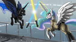 Size: 1500x833 | Tagged: safe, artist:johnjoseco, princess celestia, princess luna, alicorn, pony, crossover, darth vader, duel, i am your father, i am your sister, lightsaber, luke skywalker, magic, star wars