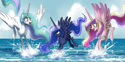 Size: 1700x850 | Tagged: safe, artist:johnjoseco, princess cadance, princess celestia, princess luna, alicorn, pony, alicorn triarchy, cute, cutedance, cutelestia, female, happy, lunabetes, mare, missing accessory, ocean, smiling, splashing, water