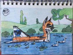 Size: 4032x3024 | Tagged: safe, artist:gtx, oc, oc only, oc:connie c. darte, dragonfly, duck, duck pony, frog, original species, plane pony, pony, swan, absurd resolution, behaving like a duck, convair xf2y sea dart, plane, traditional art