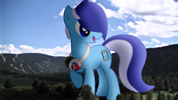 Size: 2560x1440 | Tagged: safe, artist:bastbrushie, oc, oc:brushie brusha, earth pony, pony, female, giant pony, giantess, headphones, irl, macro, mountain, photo, ponies in real life, sky