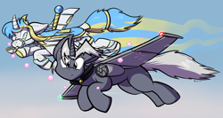 Size: 1280x682 | Tagged: safe, artist:virmir, oc, oc only, oc:princess toytime, oc:trask, oc:virmare, oc:virmir, original species, plane pony, pony, unicorn, bridle, bubble, flying, plane, planeified, plushie, saddle, species swap, tack, transformation