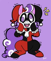 Size: 546x648 | Tagged: safe, artist:kiguren, screwball, earth pony, pony, :d, batman, clothes, costume, crossover, dc comics, derp, female, harley quinn, open mouth, parody, shivering, sitting, smiling, solo, solo female, squishy cheeks, swirly eyes