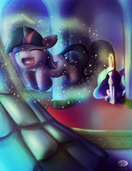 Size: 2550x3300 | Tagged: safe, artist:thepleonasticpotato, princess celestia, twilight sparkle, alicorn, pony, cute, eyes closed, female, filly, filly twilight sparkle, glowing horn, happy, horn, magic, momlestia, open mouth, sparkles, telekinesis, twiabetes, younger