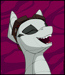 Size: 893x1039 | Tagged: safe, artist:xn-d, oc, oc only, oc:dorn, original species, plane pony, pony, goggles, laughing, male, plane, sharp teeth, solo, stallion, teeth