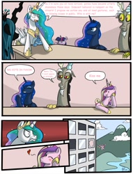 Size: 1200x1574 | Tagged: safe, artist:crystal-secret, discord, princess cadance, princess celestia, princess luna, queen chrysalis, trixie, twilight sparkle, alicorn, changeling, changeling queen, draconequus, pony, unicorn, blue coat, blushing, cloud, crown, dialogue, employer meme, exploitable meme, eyes closed, female, frown, golden eyes, hejibits, hoof on head, horn, jewelry, male, mare, meme, multicolored mane, one eye closed, open mouth, pink coat, purple coat, raised hoof, raised leg, regalia, river, signature, smiling, speech bubble, spread wings, table, talking to each other, two toned mane, white coat, window, wings, wink
