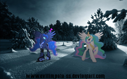 Size: 1920x1200 | Tagged: safe, artist:chevrolet-evilimpala, artist:evilimpala-ss, princess celestia, princess luna, alicorn, pony, ponies in real life, snow, tree, vector, wallpaper