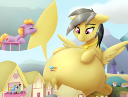 Size: 4986x3769 | Tagged: safe, artist:09hankris, artist:tsitra360, daring do, oc, earth pony, pegasus, pony, airship, fanfic art, female, giant pony, giantess, house, huge belly, hyper, hyper belly, hyper pregnancy, impossibly large belly, macro, male, mare, mountain, pregnant, stallion, zeppelin