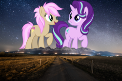 Size: 1500x1001 | Tagged: safe, artist:andoanimalia, artist:frownfactory, starlight glimmer, strawberry scoop, earth pony, pony, unicorn, duo, female, friendship student, giant pony, giantess, highrise ponies, irl, macro, mare, mountain, mountain range, night, photo, ponies in real life, scenery