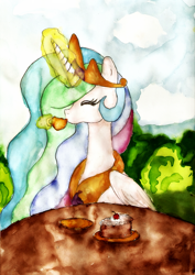 Size: 1598x2258 | Tagged: safe, artist:chiuuchiuu, princess celestia, alicorn, pony, cake, happy, magic, solo, tea, teacup, telekinesis, traditional art