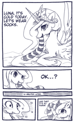 Size: 600x988 | Tagged: safe, artist:kolshica, princess celestia, princess luna, alicorn, pony, clothes, comic, english, monochrome, pixiv, socks, striped socks, translation