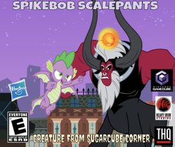 Size: 602x506 | Tagged: safe, artist:cheezedoodle96, artist:punzil504, edit, editor:undeadponysoldier, lord tirek, spike, centaur, dragon, series:spikebob scalepants, angry, box art, city, creature from the krusty krab, flying, gamecube, gamecube logo, hasbro, hasbro logo, implied sugarcube corner, macro, magic, male, manehattan, parody, rampage, rated e, spongebob squarepants, thq, thq logo, video game, winged spike