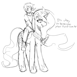 Size: 1000x1000 | Tagged: safe, artist:mewball, princess celestia, alicorn, human, pony, crown, grayscale, hoof shoes, humans riding ponies, innuendo, jewelry, looking back, momlestia, monochrome, nervous, peytral, regalia, riding, smiling, speech, standing