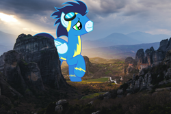 Size: 3840x2560 | Tagged: safe, artist:dashiesparkle, soarin', pony, canyon, cliff, giant pony, greece, highrise ponies, irl, macro, male, meteora, mountain, photo, ponies in real life, rock, valley