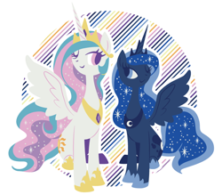 Size: 680x595 | Tagged: dead source, safe, artist:yousukou, princess celestia, princess luna, alicorn, pony, pixiv, wink