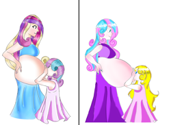 Size: 1212x888 | Tagged: safe, artist:bunnyviolet218, princess cadance, princess flurry heart, oc, human, age progression, belly, child, female, humanized, impossibly large belly, mama cadence, mama flurry, mother and child, mother and daughter, multiple pregnancy, offspring, offspring's offspring, parent and child, parent:oc:shimmering glow, parent:princess flurry heart, parents:canon x oc, pregnant