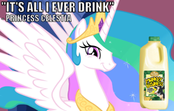 Size: 812x518 | Tagged: safe, princess celestia, alicorn, pony, banana, banana milk, image macro, milk, product placement