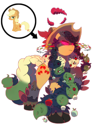 Size: 1600x2193 | Tagged: safe, artist:bearmation, applejack, earth pony, pony, apple, crossover, dynamax, female, food, gigantamax, glowing eyes, leaves, macro, pokemon sword and shield, pokémon, simple background, solo, transparent background