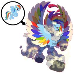 Size: 1600x1600 | Tagged: safe, artist:bearmation, rainbow dash, pegasus, pony, cloud, crossover, dynamax, female, gigantamax, glowing eyes, macro, pokemon sword and shield, pokémon, rainbow feathers, simple background, solo, thunder, transparent background