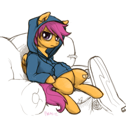 Size: 2163x2015 | Tagged: safe, artist:purmu, scootaloo, pegasus, pony, bandage, bandaid, chair, clothes, female, filly, hoodie, sitting, skateboard, solo, solo female