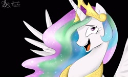 Size: 2500x1500 | Tagged: safe, artist:daughter-of-fantasy, princess celestia, alicorn, pony, female, horn, mare, multicolored mane, solo, trollestia, white coat